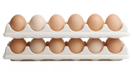 Two white egg cartons are stacked, holding brown eggs in individual compartments, set against a transparent background, creating a clean and organized presentation