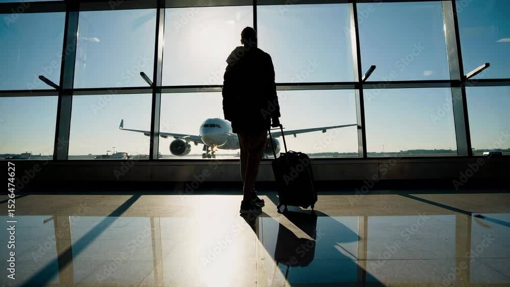 Poster sunlight illuminates airport terminal where passenger with trolley suitcase observes airplane throug