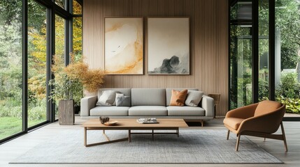 Minimalist modern living room with sofa and artwork