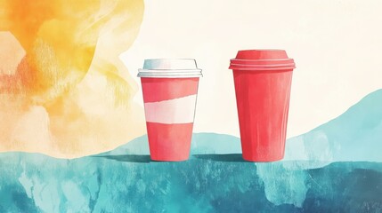 Two disposable cups in serene outdoor abstract landscape