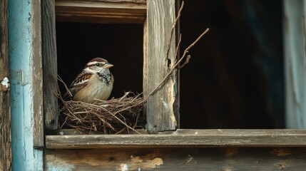 Sparrow sitting peacefully in a nest on wooden structure
