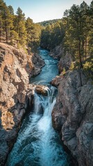 Majestic waterfall flowing through river gorge in mountainous nature