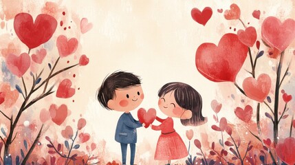 Two Asian children exchanging heart-shaped objects in garden