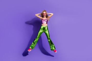 Vibrant young woman against purple background, embodying retro disco style with a touch of summer...