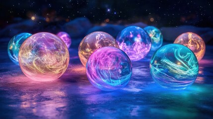 Glowing glass spheres on snowy ground under starry night sky