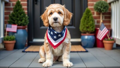 A patriotic dog wearing a bandana with stars and stripes, sitting on a porch decorated for Independence Day