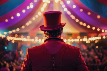 Circus Ringmaster in Red Uniform Awaits the Show