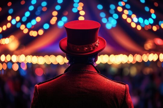 Circus Ringmaster in Red Uniform Awaits the Show