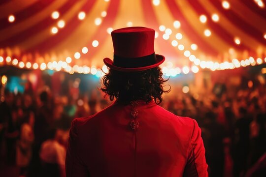 Circus Ringmaster in Red Uniform Awaits the Show