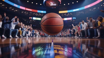 Basketball ball in the air above the court with the audience in the background.
