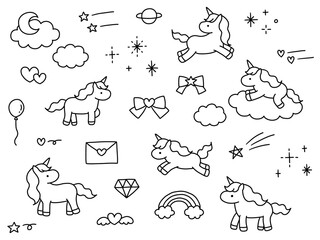かわいい手書きのユニコーンのベクターイラストセット。馬、リボン、ハート、落書き、ゆめかわ
