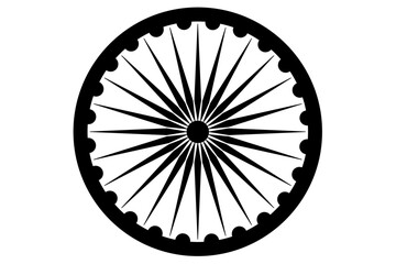 Wheel with spokes vector icon. Ashoka chakra in black colour with shadows and accurate lines. Indian flag Ashoka chakra wheel in flat style. Vector illustration