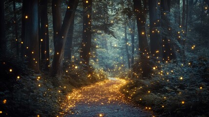 Numerous fireflies illuminating a forest path at night