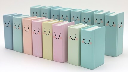 Colorful Collection of Playful Books with Smiling Faces in Pastel Shades on White Background