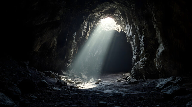 A dark cave with a light shining through the entrance