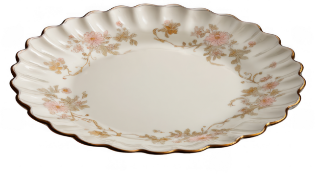 Empty elegant plate with charming scalloped rim and pink flowers decoration isolated on transparent background, perfect for showcasing culinary creations or design projects