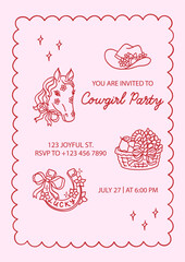 Cowgirl party invitation template with sample text and coquette frame. Hand drawn elements cowboy hat with flowers, horse portrait decorated with bow ribbon, picnic basket, lucky horseshoe, stars