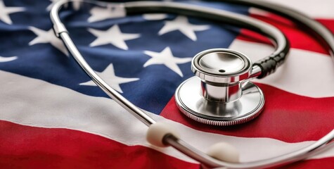 Close-up of a stethoscope resting on an American flag.