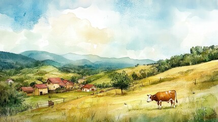 Cow grazing in serene rural countryside with hilly landscape