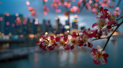 Vibrant red-and-white orchid wreath with golden accents, symbolizing Singapore's national pride and unity.