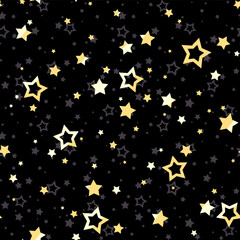 Seamless pattern with shining yellow stars on a black background. Vector seamless print