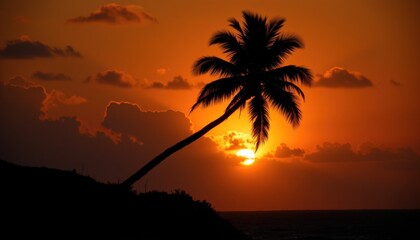 Obraz premium Sunset action over tropical palm tree beach location nature landscape warm environment serene viewpoint