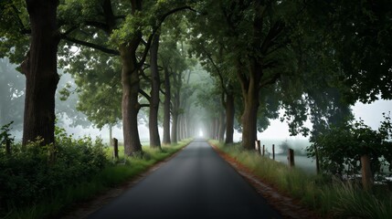 Fototapeta premium Serene tree-lined road surrounded by lush greenery, leading into a misty distance, creating a tranquil atmosphere for nature lovers and travelers seeking peaceful journeys