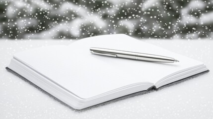 Open Notebook with a Silver Pen Resting on Blank Pages Surrounded by Falling Snowflakes in a Winter Wonderland