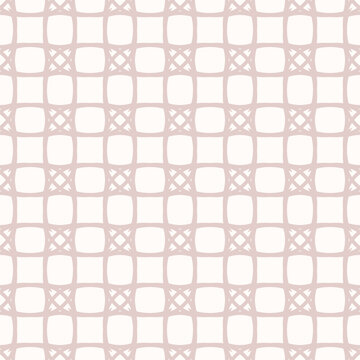 Abstract geometric seamless pattern with grid, lattice, mesh, net, curved lines, floral shapes, squares. Simple vector background. Subtle pink and white texture. Repeated geo design for print, textile