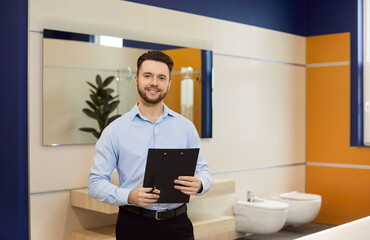 Sales consultant manager smiling, selling, distributing and marketing, ready helping clients to choose, type of plumber repairs work of future flat, interior designer, materials, employee portrait