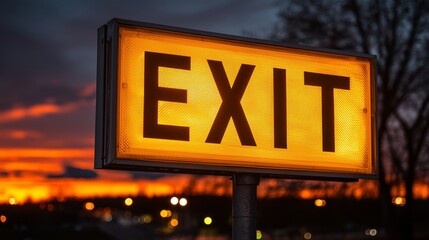 Illuminated exit sign glowing brightly against a dramatic sunset sky, showcasing vibrant colors and a clear message, guiding drivers towards safe navigation and road awareness