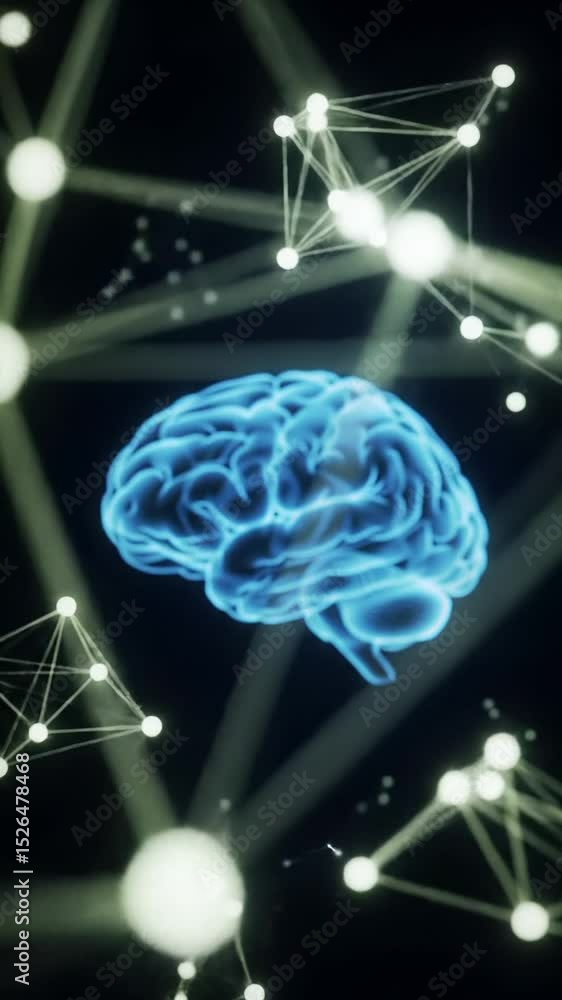 Poster glowing blue stylized brain digital graphic with dynamic network lines and pulsating nodes on a deep