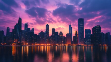 Fototapeta premium Illuminated cityscape at waterfront during serene sunset