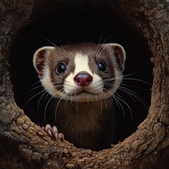 Fototapeta premium Curious polecat peeking out of tree hole in forest