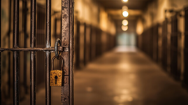A prison cell door with a lock on it. The door is open and the lock is visible