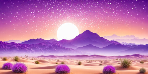 Surreal Desert Sunset with Purple Mountains and Sparkling Sky