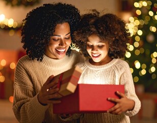Mother and daughter open Christmas gift