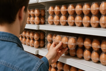 Egg recall concept. Shopping for eggs in a grocery store aisle.