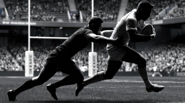 Rugby player running with ball, tackled by opponent during a match.