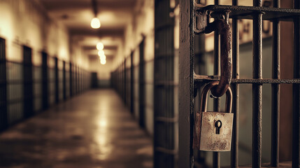 A prison cell door with a lock on it. The door is open and the lock is visible