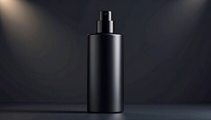 高級感あるマット黒ボトルとダーク背景のモックアップ