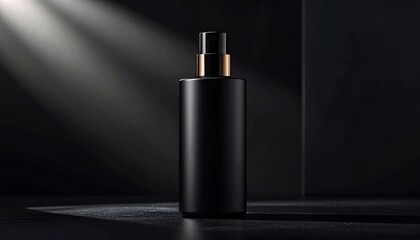 高級感あるマット黒ボトルとダーク背景のモックアップ