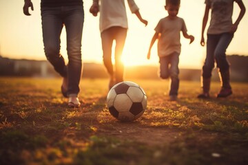 Fototapeta premium Family playing football together sports adult child.