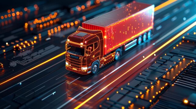 Futuristic digital truck driving on a circuit board highway, highlighting data and tech innovations in transportation.