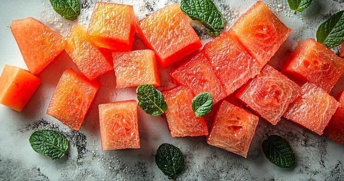 Top-down shot of red melon cubes and mint leaves on a gray marble surface