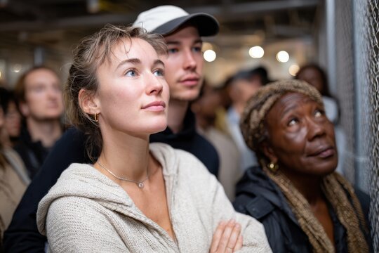 A diverse audience watches intently, captivated by an inspiring moment, showcasing human emotion and connection in a shared experience of awe and engagement.