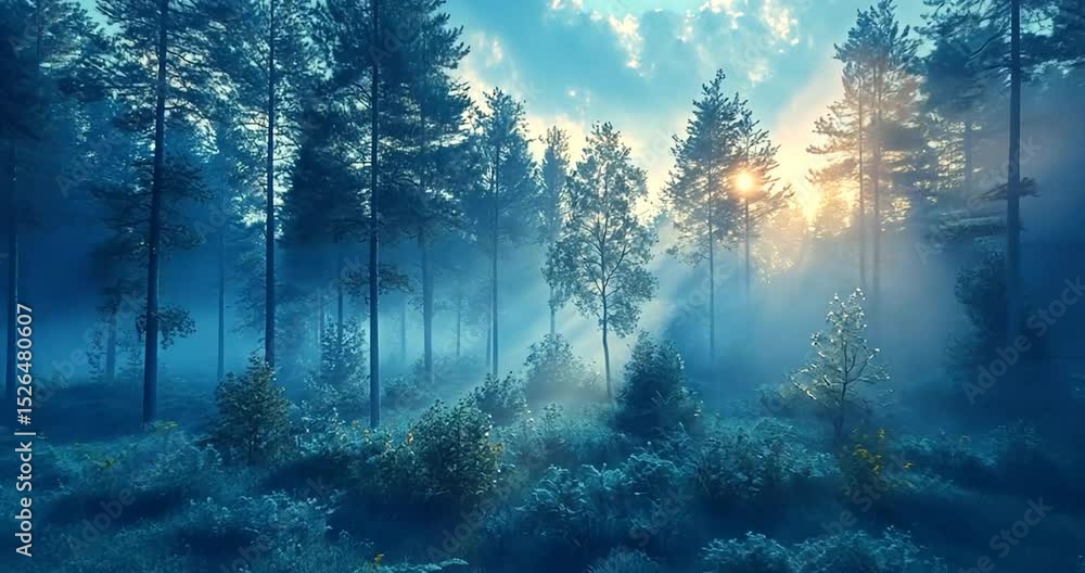 Poster an eye-catching view of a forest at dusk. the sunlight seeps through the gaps in the trees in a mist