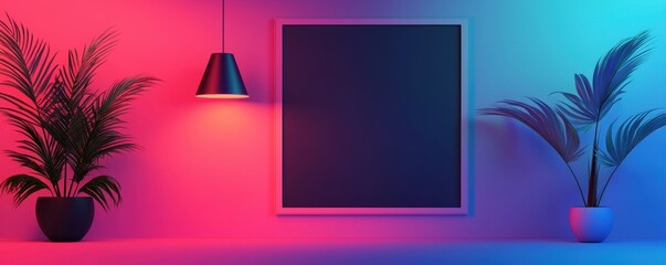 Modern interior with vibrant pink and blue lighting, featuring two potted palm plants, a blank framed canvas, and a hanging pendant lamp.
