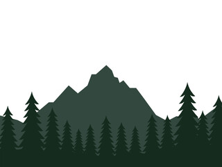 Mountain landscape with pine tree forest silhouette in dark green color
