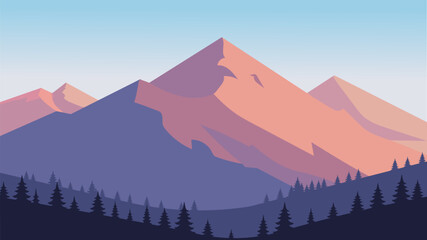 Mountain landscape with pine forest and soft pastel colors in sky at dawn